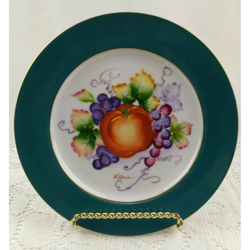 Fruit Wall Plate Hand Painted Ucagco Japan Vintage Green Rim Artist Signed